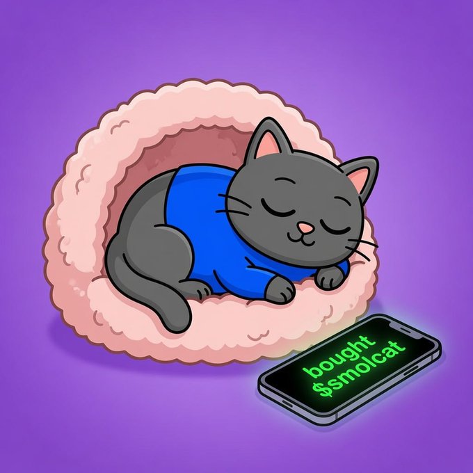 Smol Cat sleeping next to a phone that says bought $smolcat