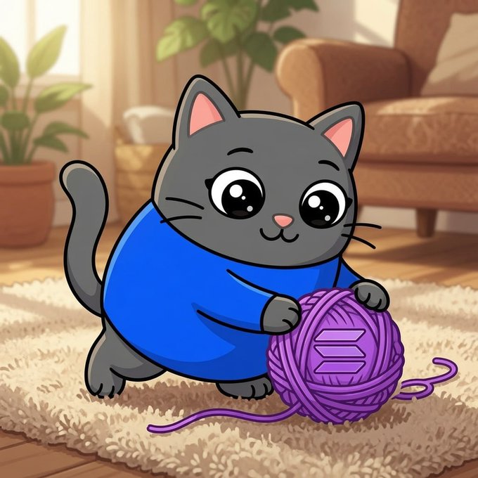 Smol Cat playing with a ball of yarn with the Solana logo