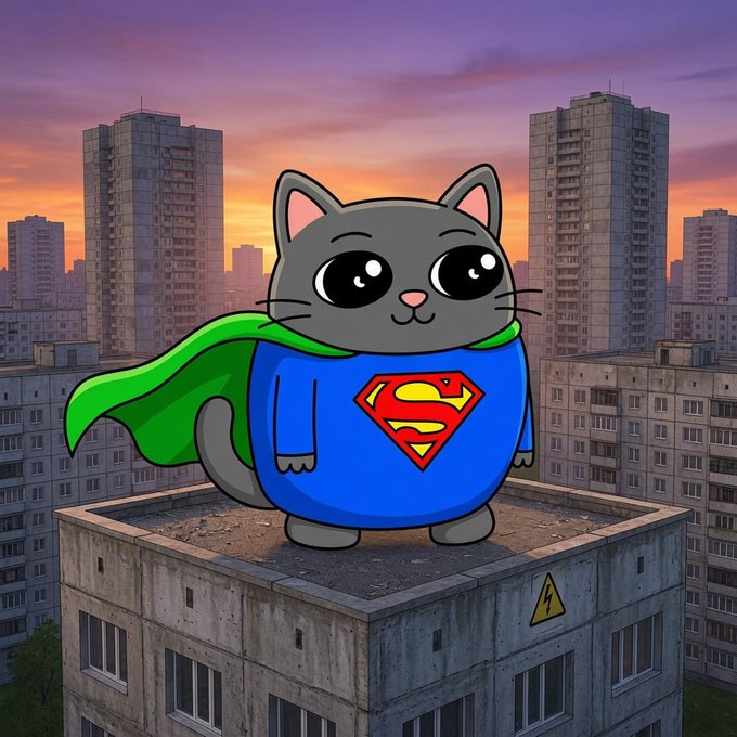 Smol Cat as a superhero on a rooftop