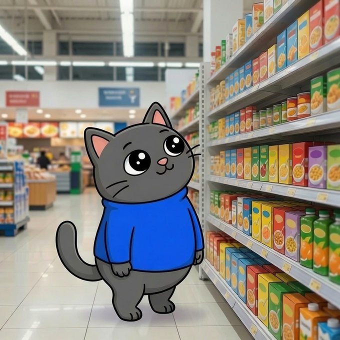 Smol Cat standing in a huge supermarket aisle