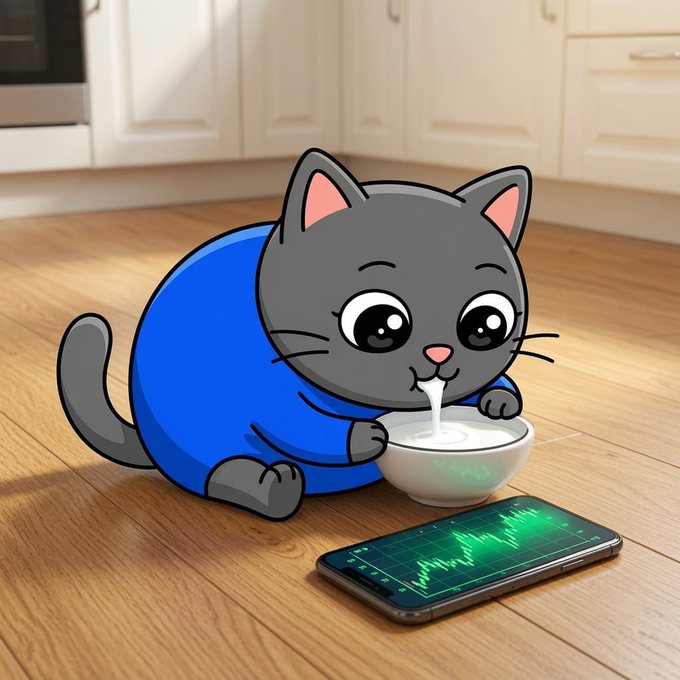 Smol Cat drinking milk next to a green chart