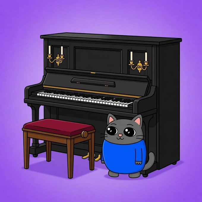 Smol Cat standing next to a huge piano
