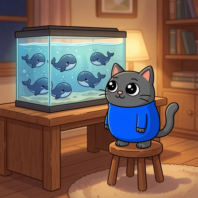 Smol Cat watching whales swim in a fish tank