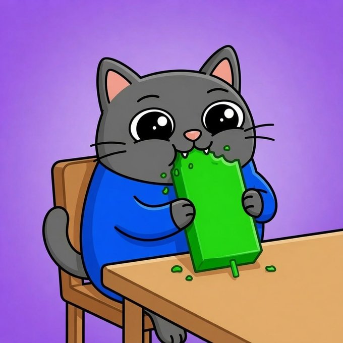 Smol Cat eating a green candle shaped ice cream